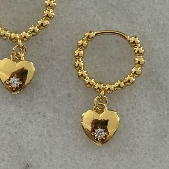 Gold Beaded Heart Star Burst Crystal Charm Pendant Huggie Hoop Earrings - Picture 5 of 5